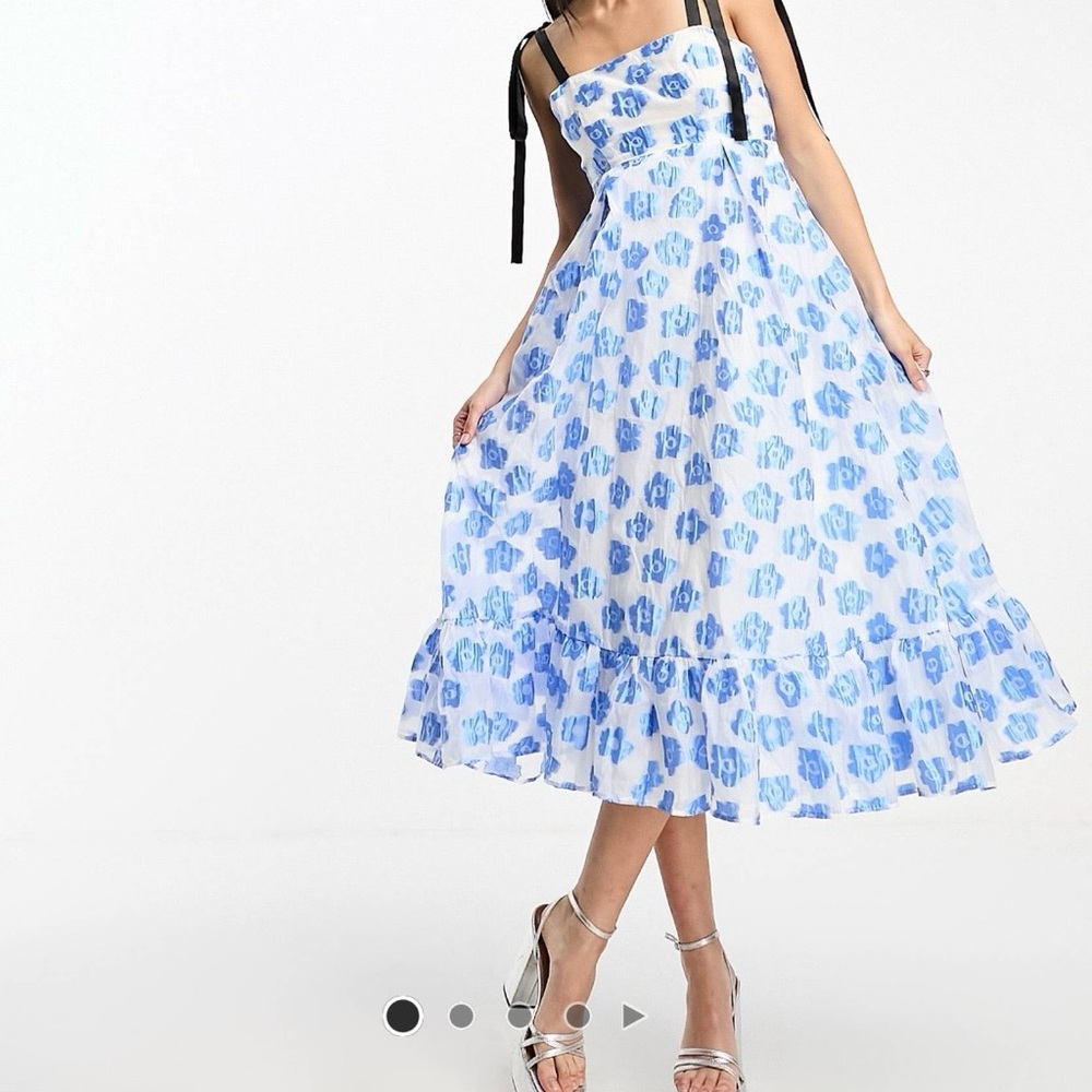 Sister Jane White and Blue Floral Midi Dress with Black Tie Straps